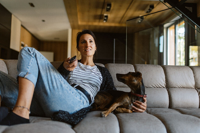 A woman sits on a couch holding a remote, with a small brown dog on her lap, in a cozy living room with wooden walls and large windows.